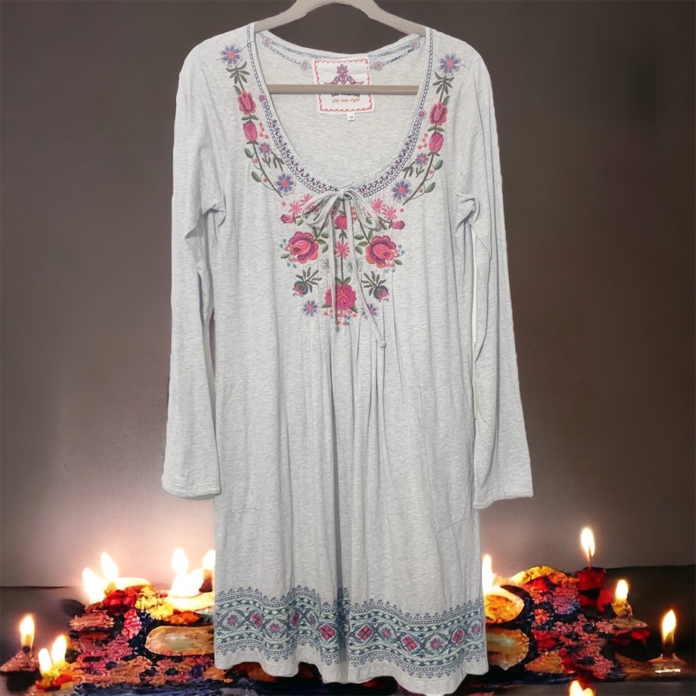 Johnny Was Gray Cotton Dress with Pink Embroidery